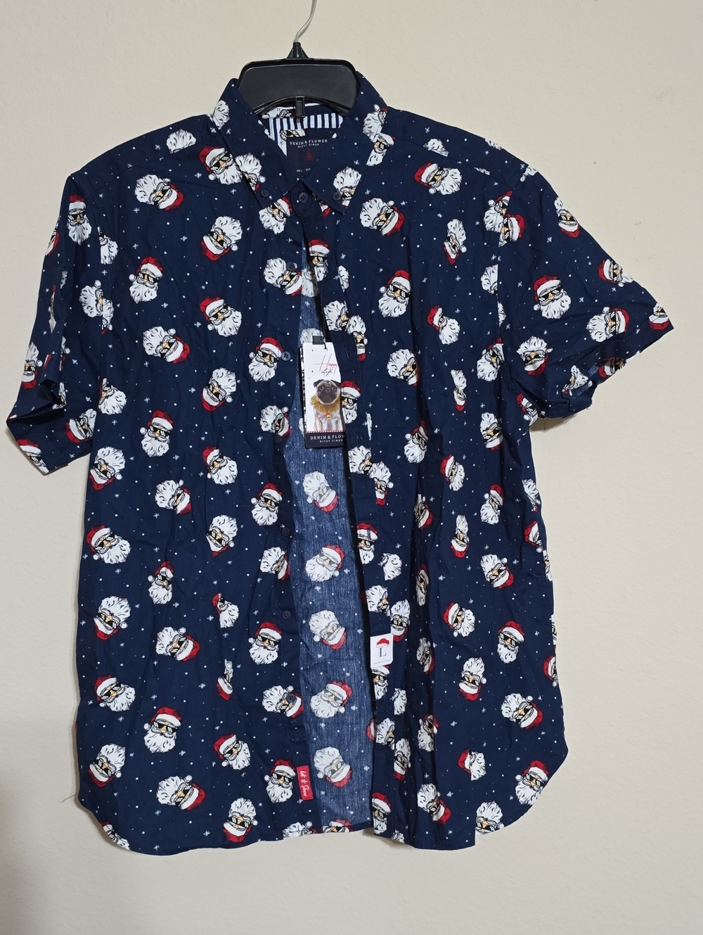 NWT Mens Denim & Flower Navy Santa Print Button-Down Shirt Size L